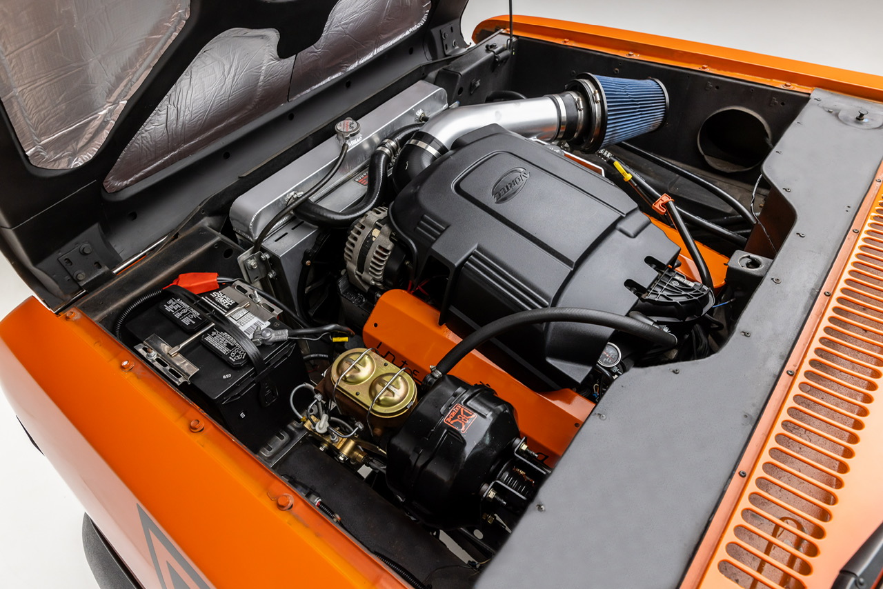 open engine bay of restomod 1973 international scout ii scout club ca
