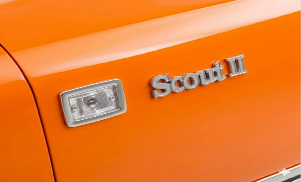 Close-up shot of a classic chrome "Scout II" script emblem and a rectangular side marker light set against glossy Chevy Orange vehicle paintwork.